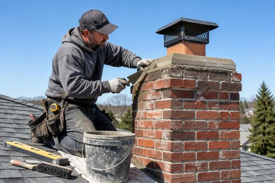 Mason repairing a brick chimney crown on a rooftop