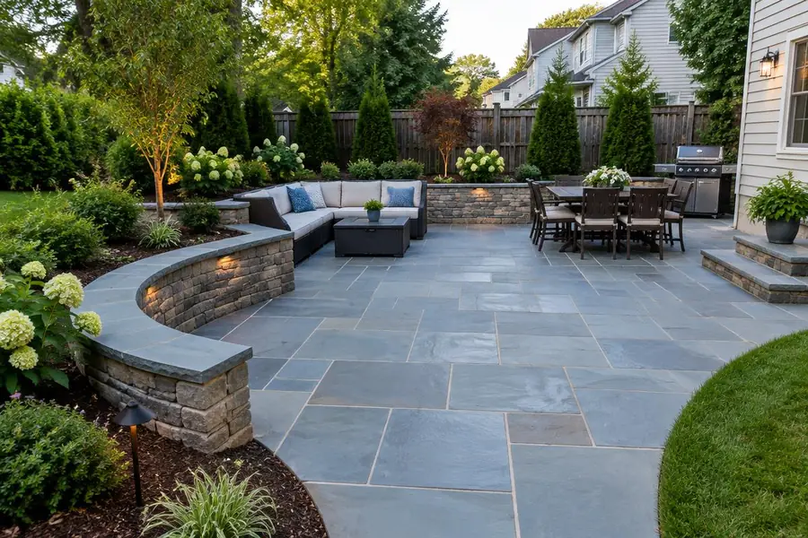 Stone retaining wall bordering a landscaped bluestone patio