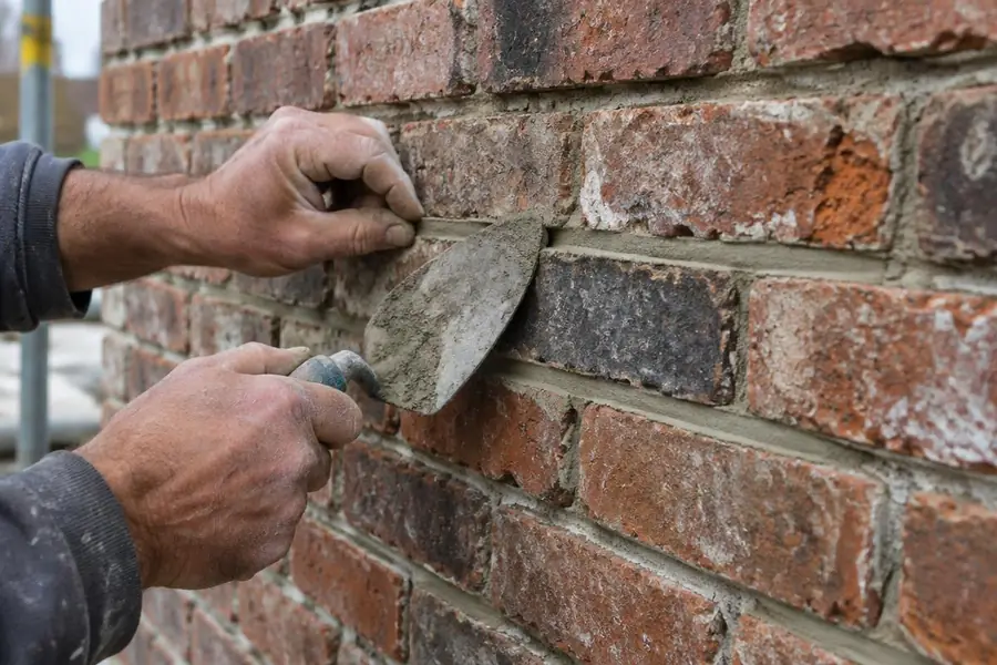 Close-up of a mason tuckpointing mortar joints on an old brick wall